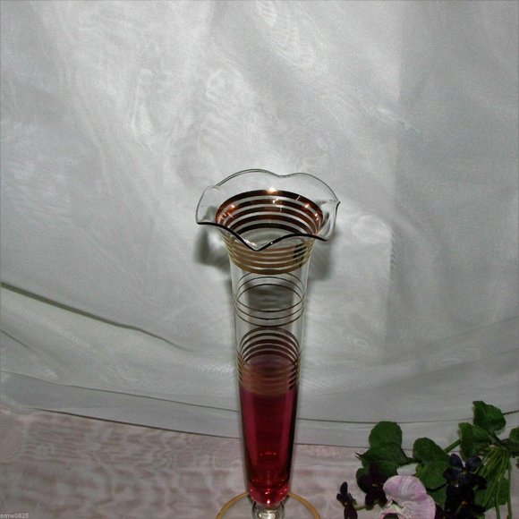 Vintage 10" Red Glass Vase Cranberry Flash Footed Gold Bands Mid-century Decor - Picture 3 of 6